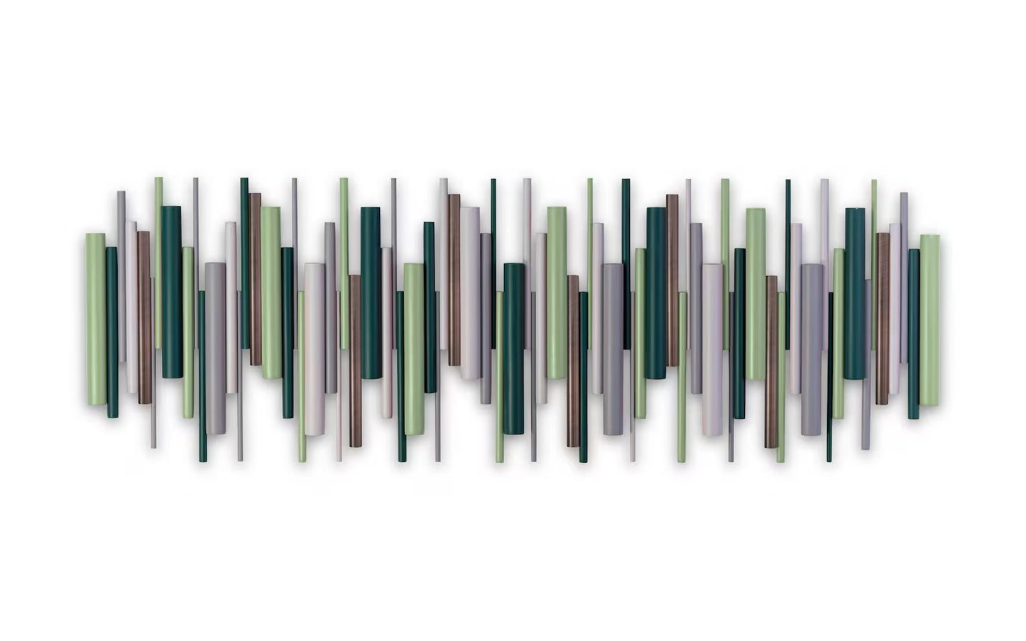 A horizontal wall art piece featuring a series of vertical rectangular panels in muted green, gray, brown, and dark teal tones, arranged in a wavy pattern against a plain white background.