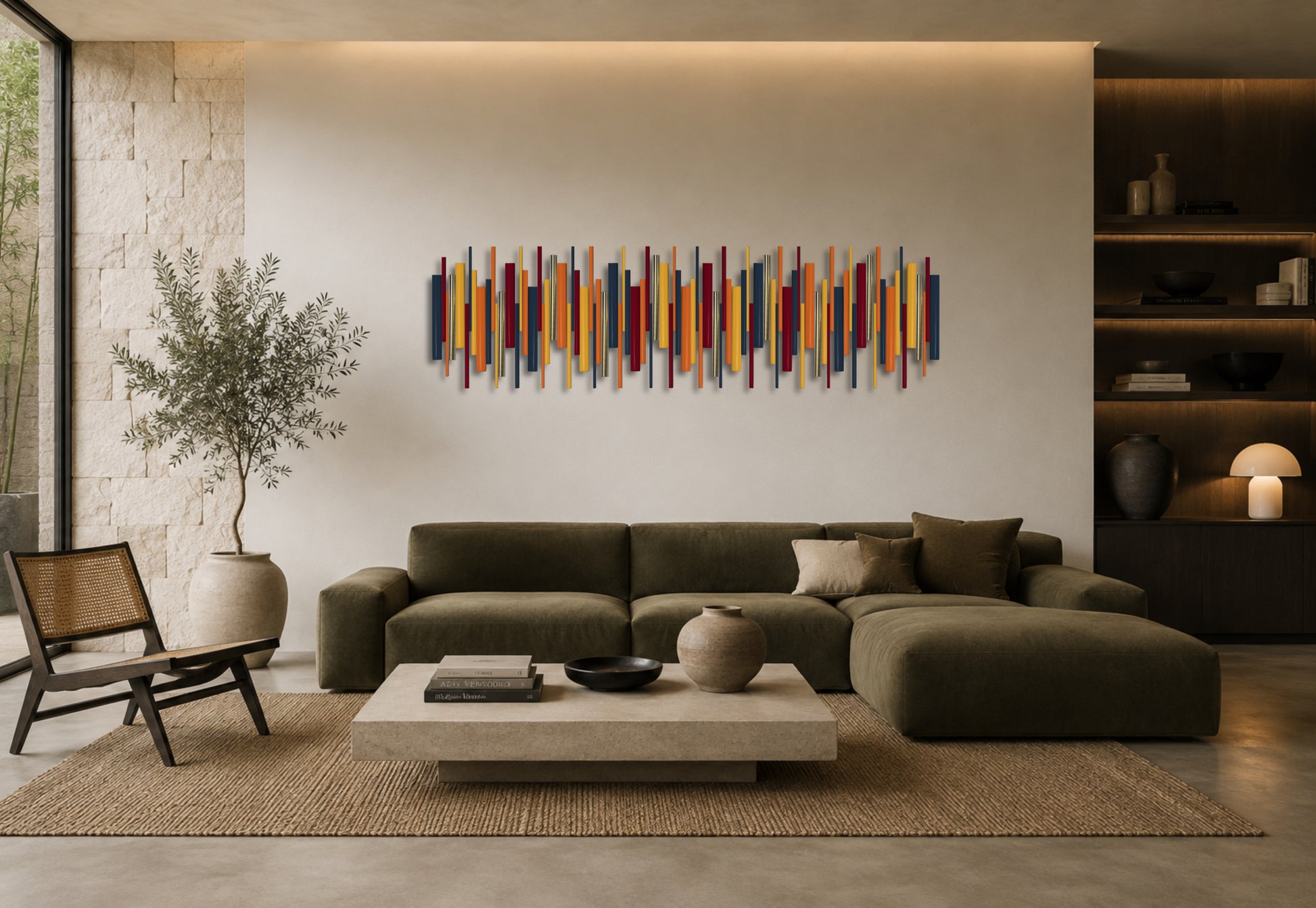 A modern living room featuring a colorful abstract vertical stripe wall art piece mounted above a dark olive green sectional sofa. The room includes a light wood coffee table, a woven rug, a potted tree, and built-in shelving on the right.