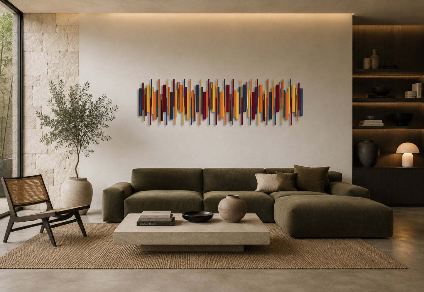 A modern living room featuring a colorful abstract vertical stripe wall art piece mounted above a dark olive green sectional sofa. The room includes a light wood coffee table, a woven rug, a potted tree, and built-in shelving on the right.