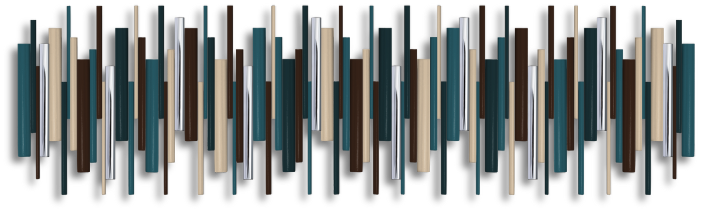 A horizontal wall art piece featuring a modern abstract design of vertical rectangular columns in dark teal, navy, brown, beige, and chrome, arranged in a wavy pattern with soft drop shadows.
