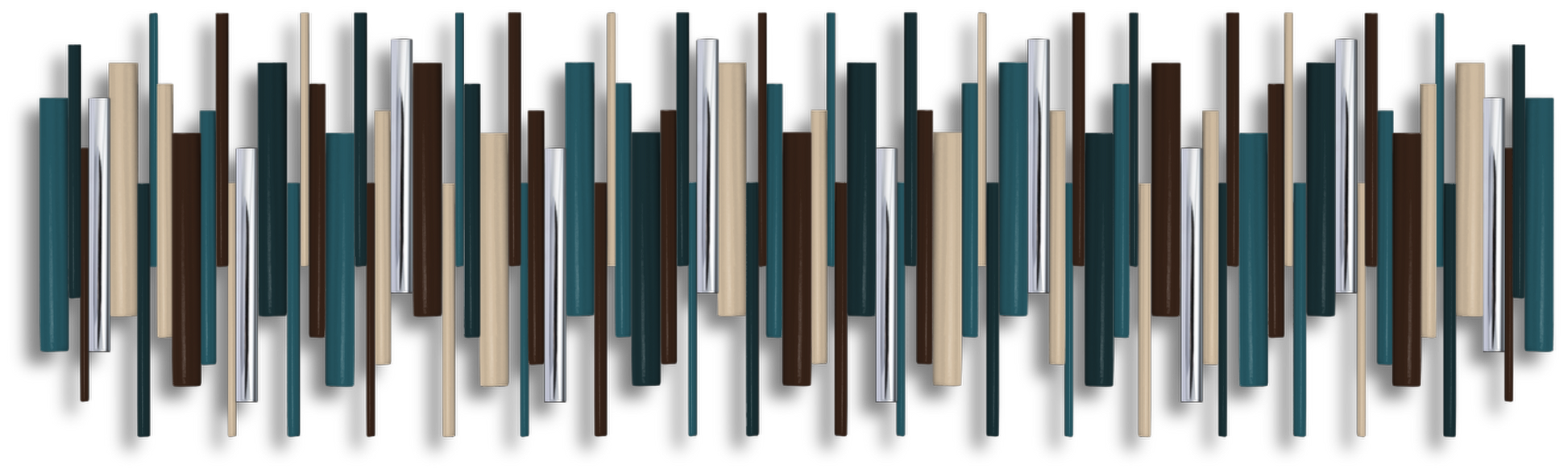 A horizontal wall art piece featuring a modern abstract design of vertical rectangular columns in dark teal, navy, brown, beige, and chrome, arranged in a wavy pattern with soft drop shadows.
