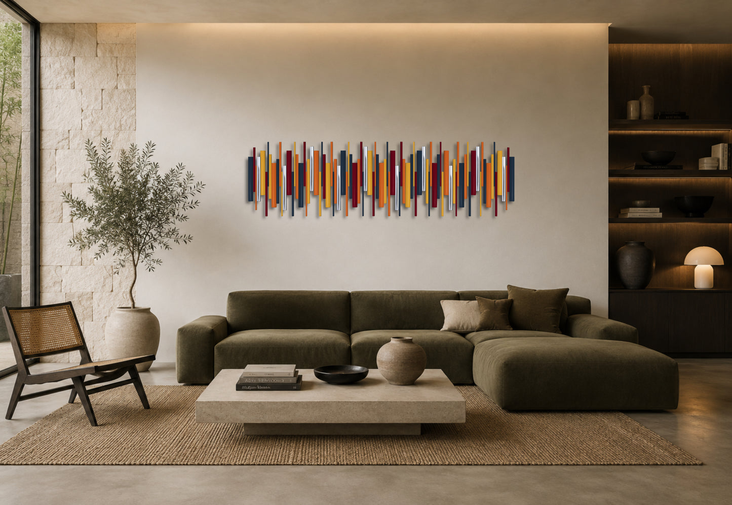 A modern living room featuring a colorful abstract vertical bar wall art piece mounted above a dark olive green sectional sofa. The room is styled with a light wood coffee table, a woven rug, a potted tree, and built-in shelving.