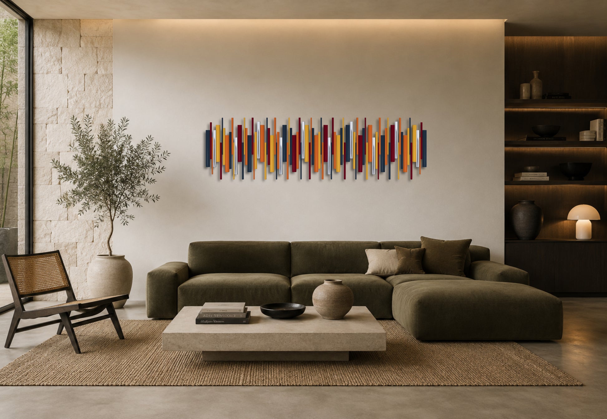 A modern living room featuring a colorful abstract vertical bar wall art piece mounted above a dark olive green sectional sofa. The room is styled with a light wood coffee table, a woven rug, a potted tree, and built-in shelving.