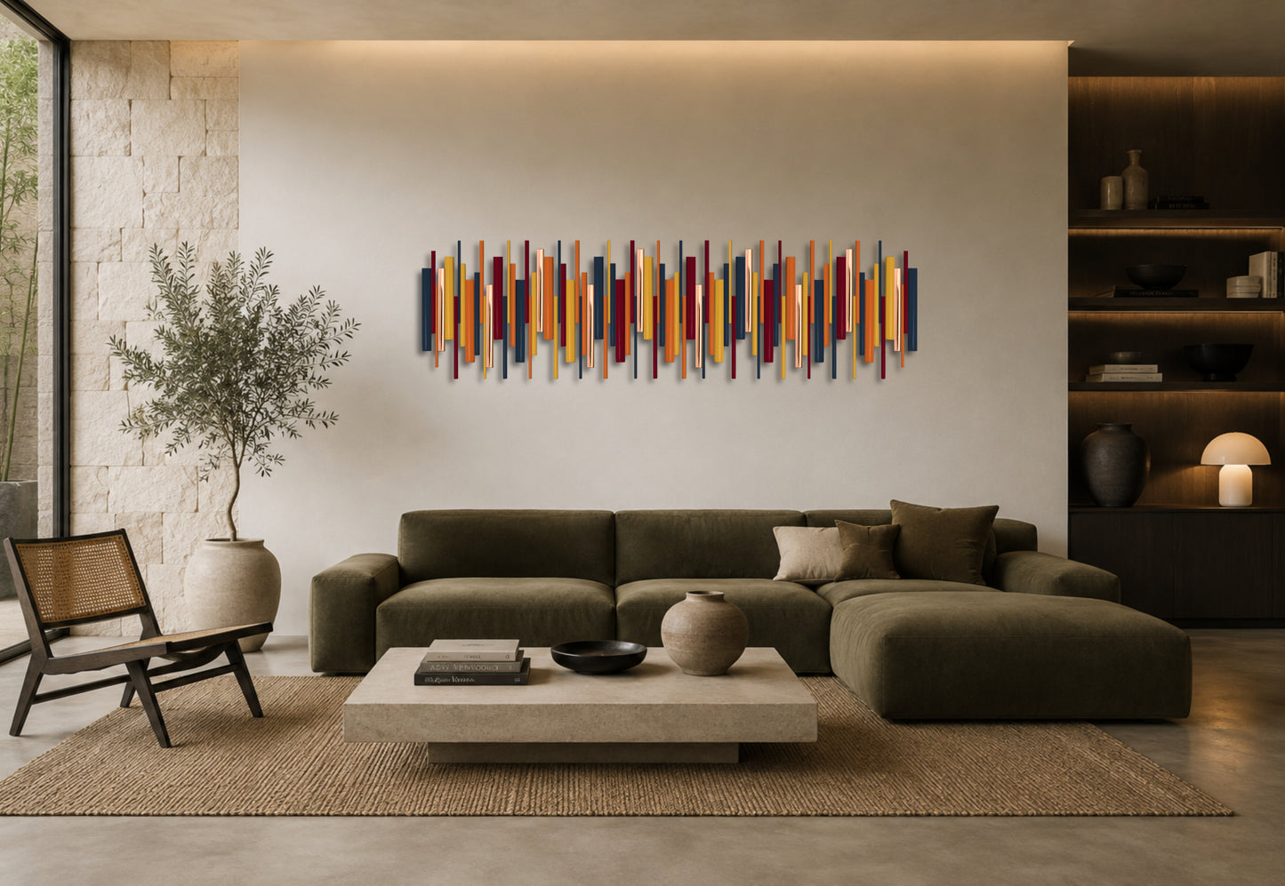 A modern living room featuring a colorful abstract vertical stripe wall art piece mounted above a dark olive green sectional sofa. The artwork consists of numerous vertical bars in shades of orange, yellow, red, blue, and purple.