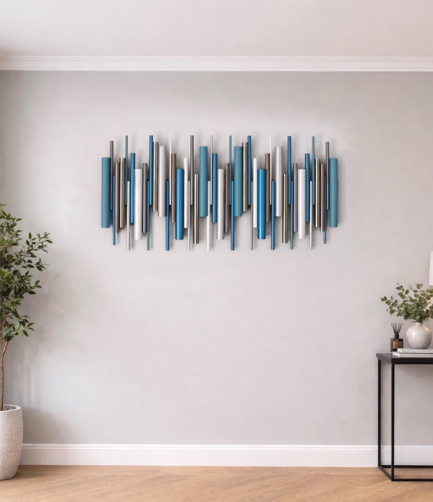 Cascade – Metallic Blue & Silver Wood Wall Art | Handmade 3D Wall Sculpture