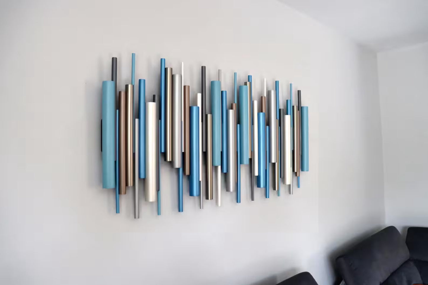 Cascade – Metallic Blue & Silver Wood Wall Art | Handmade 3D Wall Sculpture