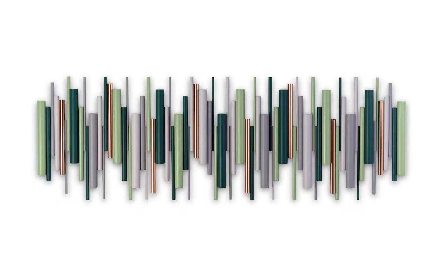 A horizontal wall art piece featuring a modern abstract design of vertical rectangular dowels in shades of green, gray, white, and metallic copper, set against a plain white background.