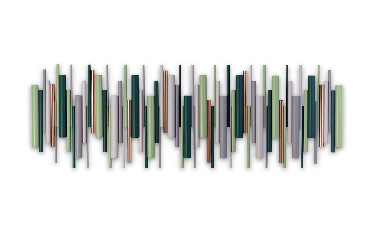 A horizontal wall art piece featuring a modern abstract design of vertical rectangular dowels in shades of green, gray, white, and metallic copper, set against a plain white background.