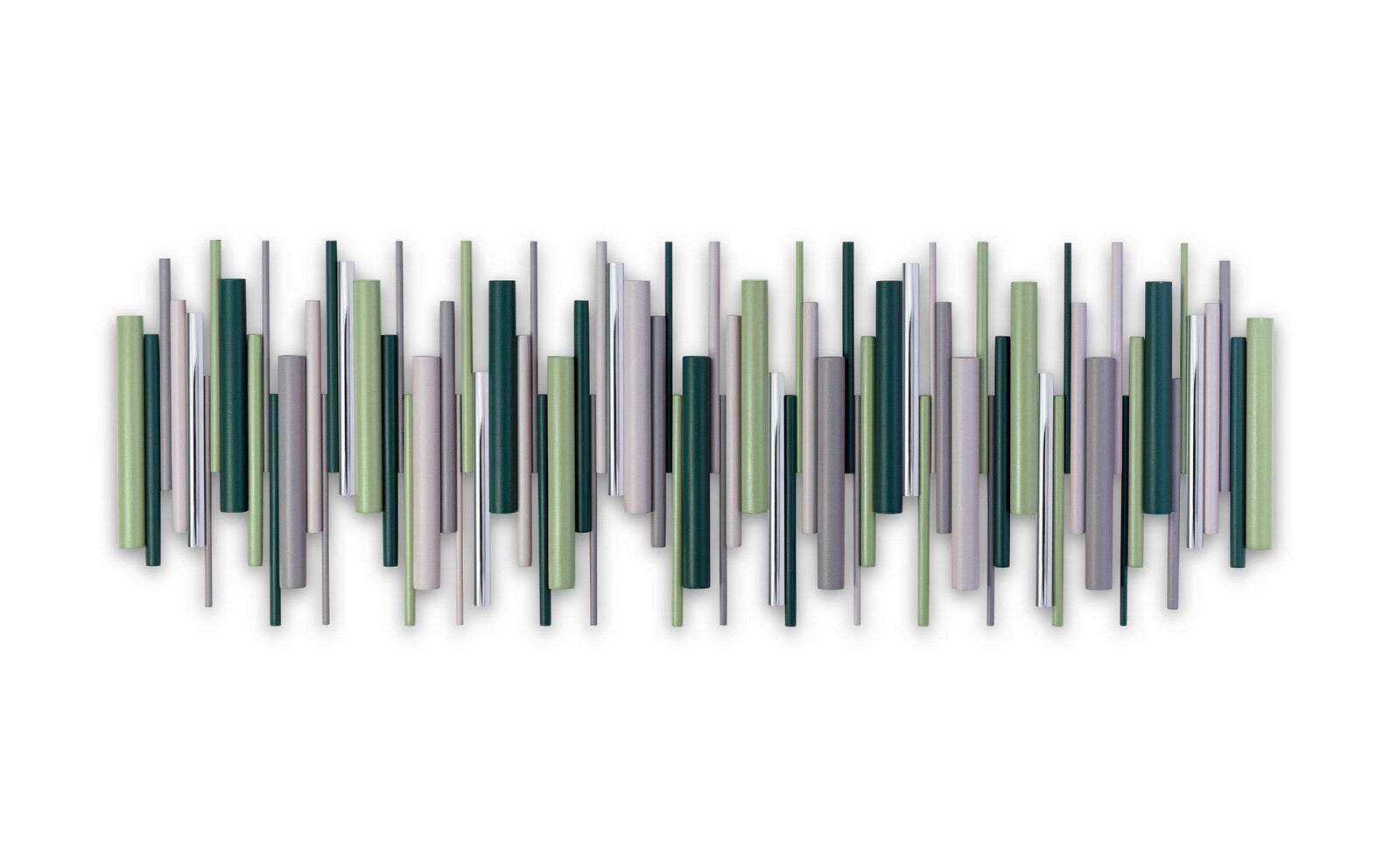 A horizontal wall art piece featuring a modern abstract design of vertical rectangular bars in shades of sage green, dark forest green, gray, and white, set against a plain white background.
