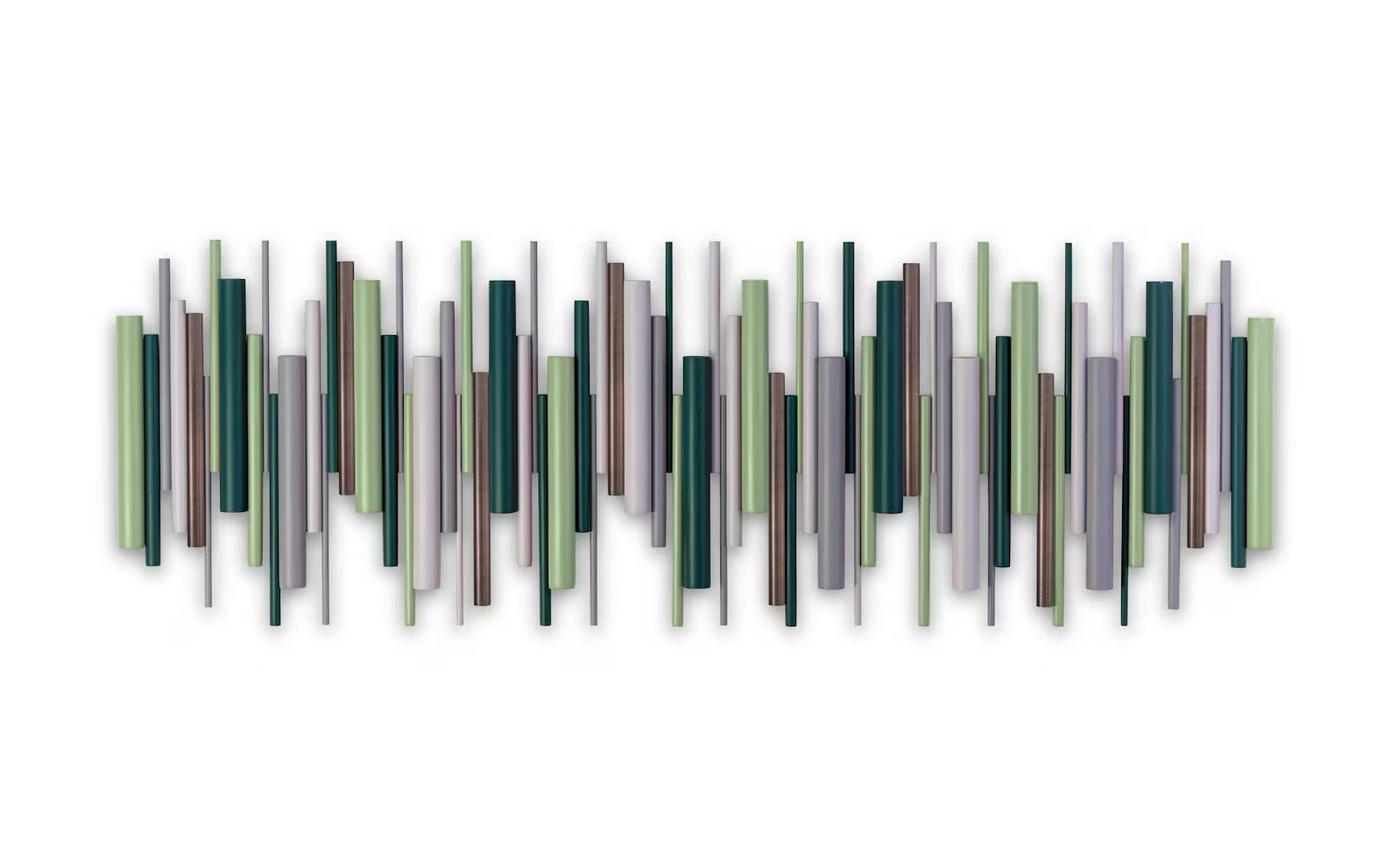 A horizontal wall art piece featuring a series of vertical rectangular panels in muted green, gray, brown, and dark teal tones, arranged in a wavy pattern against a plain white background.