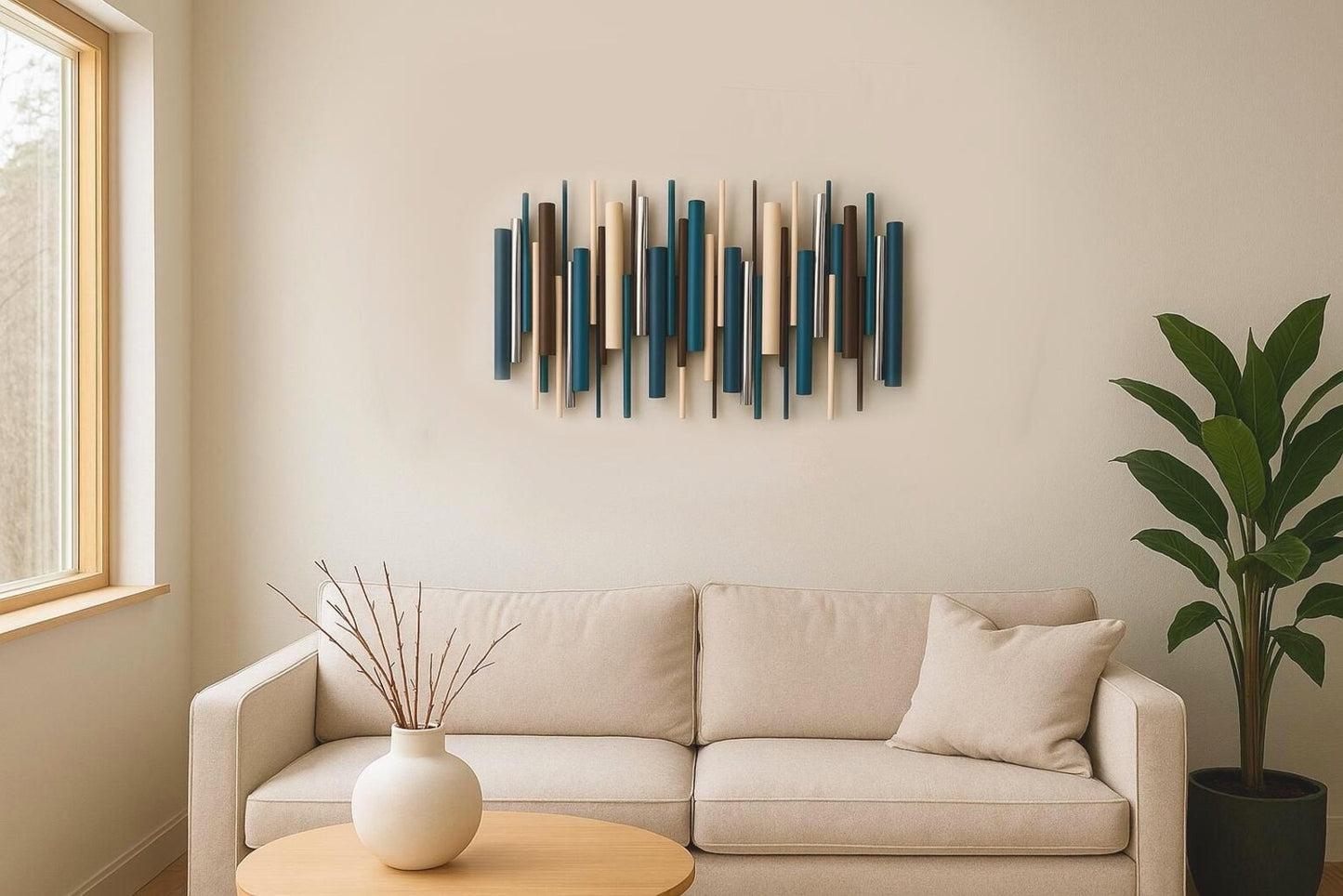 A modern wall-mounted art piece with vertical wooden slats in navy, teal, cream, and beige, displayed above a light beige sofa in a bright, minimalist living room.