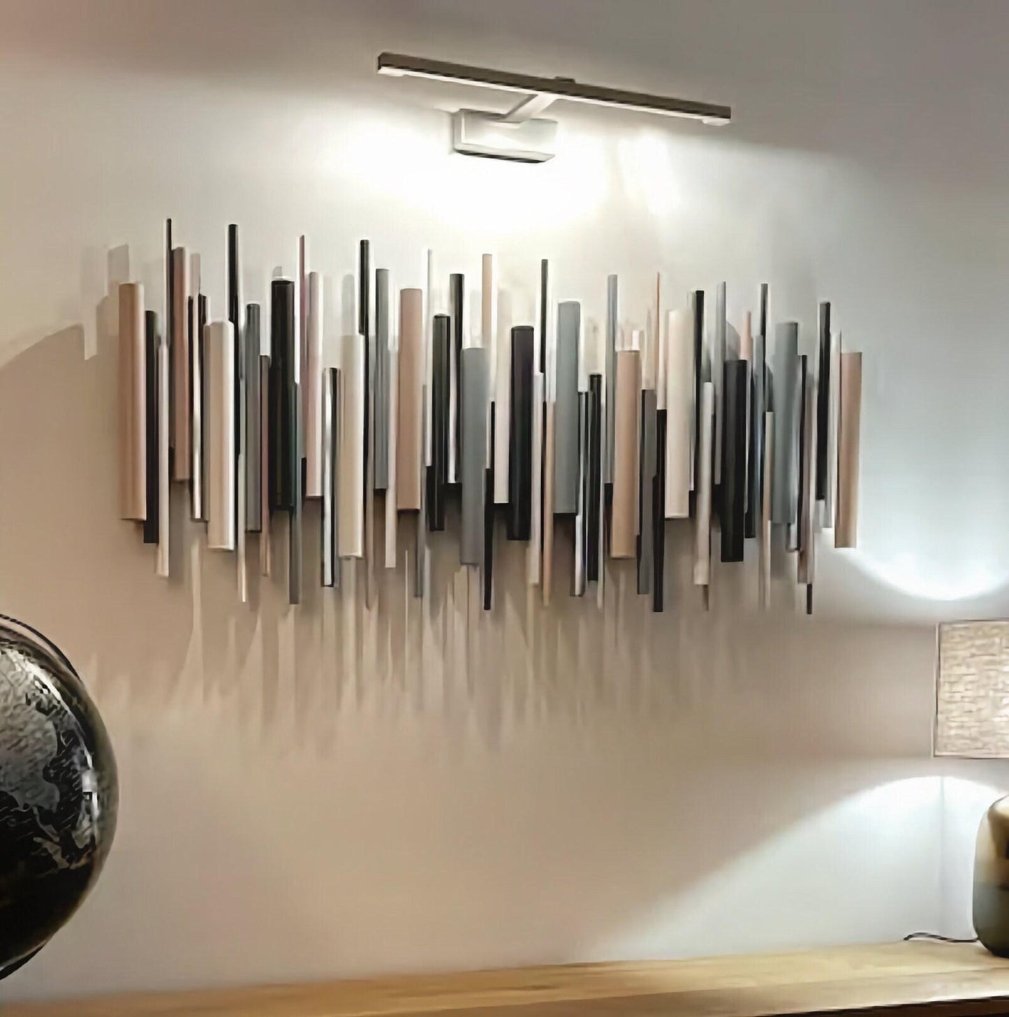 wood wall art on wall finished in beige nd grey