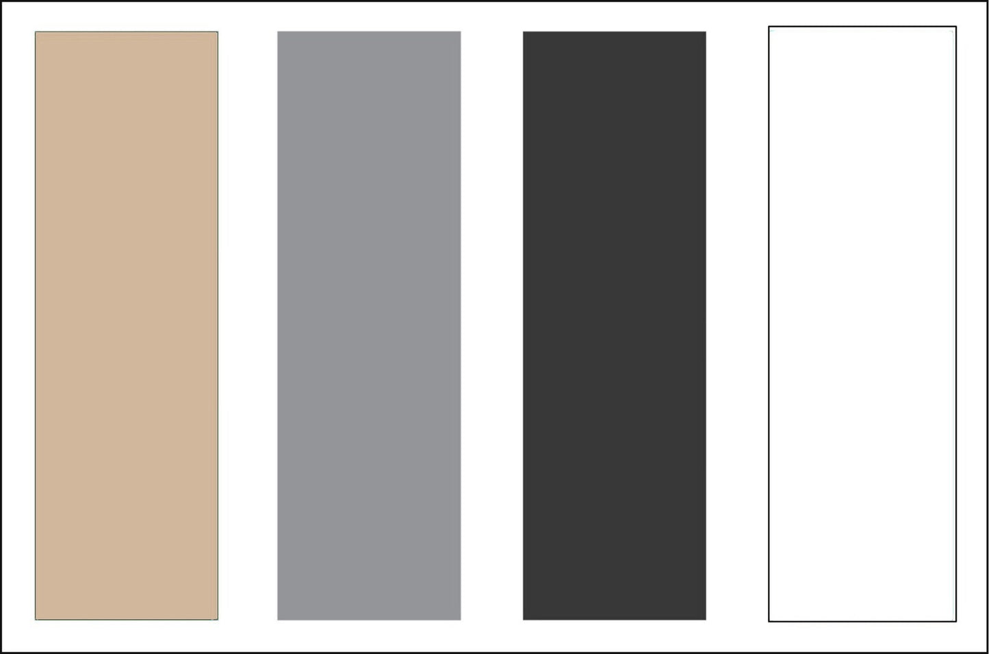 Four vertical color swatches on a white background: a light beige rectangle, a medium gray rectangle, a dark charcoal gray rectangle, and a white rectangle.