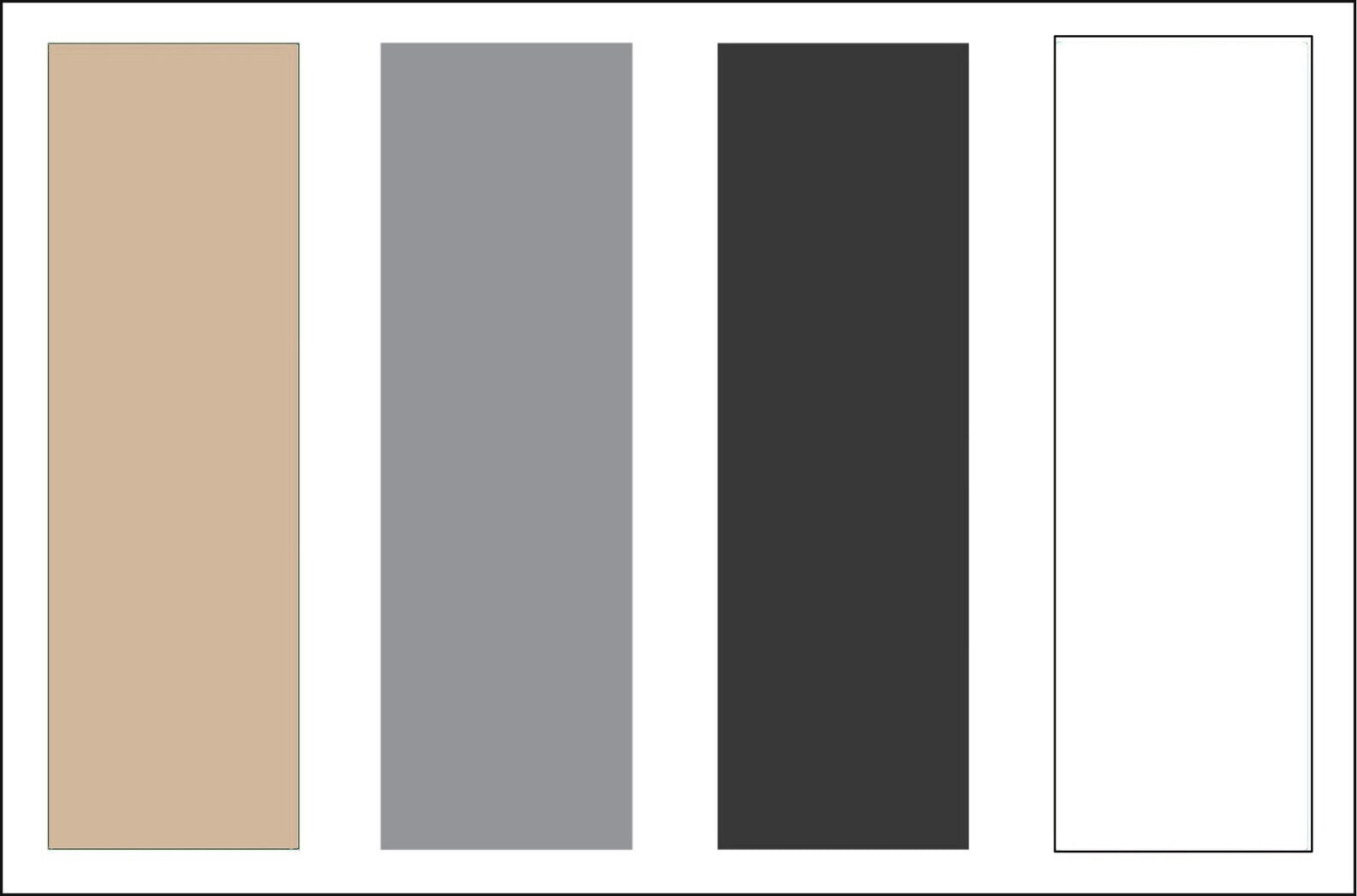 Four vertical color swatches on a white background: a light beige rectangle, a medium gray rectangle, a dark charcoal gray rectangle, and a white rectangle.