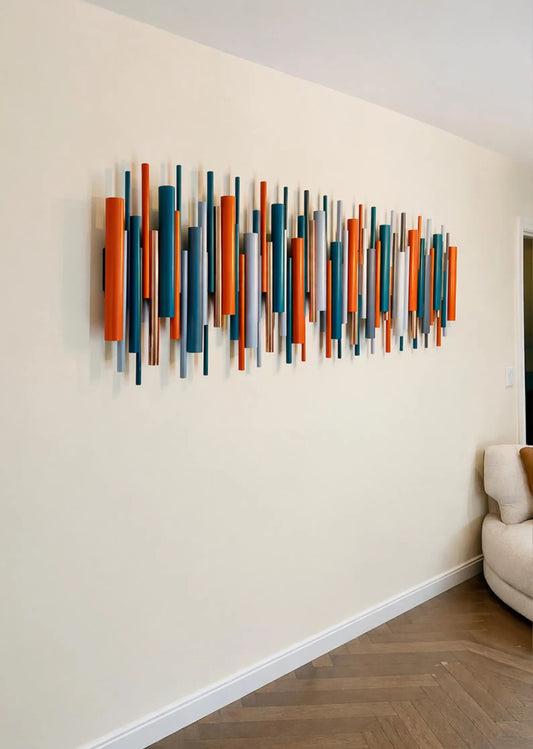 Ember – Orange & Teal Wood Wall Art | Handmade Geometric 3D Wall Sculpture