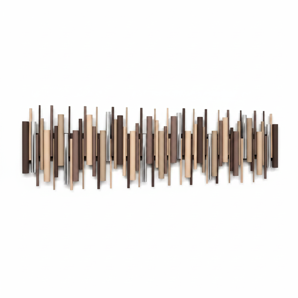 A horizontal wall art piece featuring a series of vertical wooden dowels in varying heights and tones of dark brown, medium brown, tan, and light beige, arranged in a wavy pattern with chrome accent tubes against a plain white background.