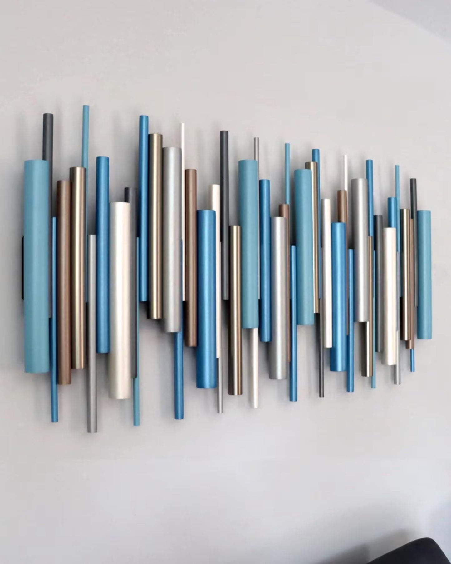 Cascade – Metallic Blue & Silver Wood Wall Art | Handmade 3D Wall Sculpture