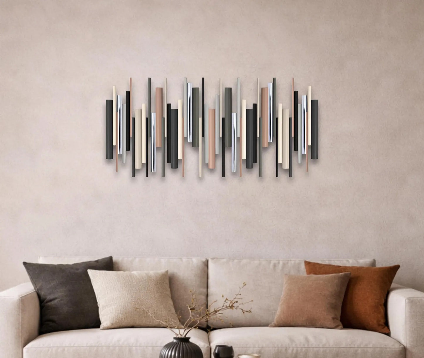 Grey Black & Beige Wooden Wall Art | Handmade Geometric Wall Sculpture with Metal Accents