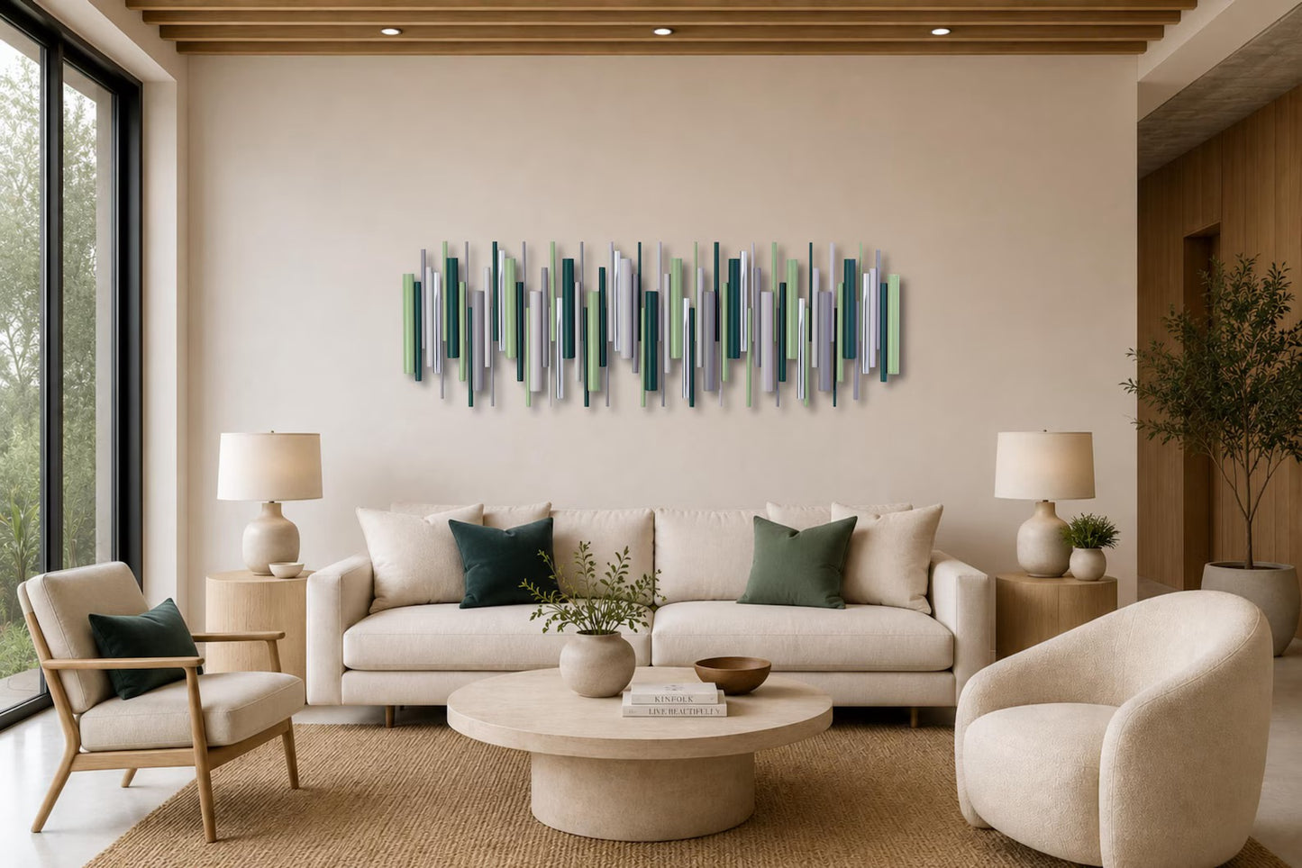 A modern living room featuring a green and blue abstract vertical wood wall art piece mounted above a cream-colored sofa. The room is styled with a matching round coffee table, two beige armchairs, white table lamps, and a large window on the left.