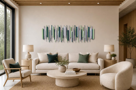 A modern living room featuring a green and blue abstract vertical wood wall art piece mounted above a cream-colored sofa. The room is styled with a matching round coffee table, two beige armchairs, white table lamps, and a large window on the left.