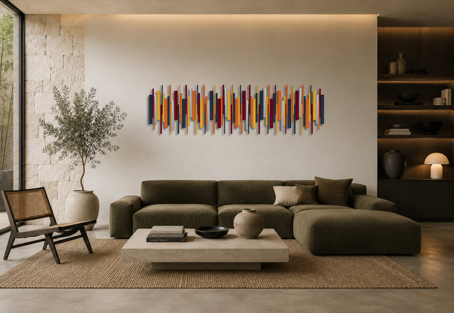 A modern living room featuring a colorful abstract vertical stripe wall art piece mounted above a dark olive green sectional sofa. The artwork consists of numerous vertical bars in shades of orange, yellow, red, blue, and purple.