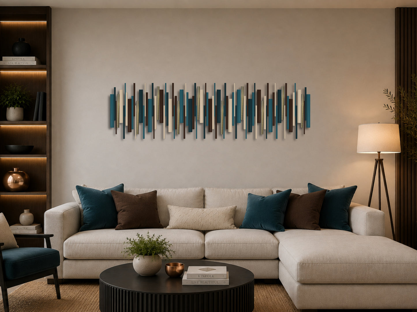 A modern living room featuring a beige sectional sofa with teal and brown pillows, a round black coffee table, and a wall-mounted abstract wood and metal art piece with vertical bars in blue, teal, gray, and beige above the sofa.
