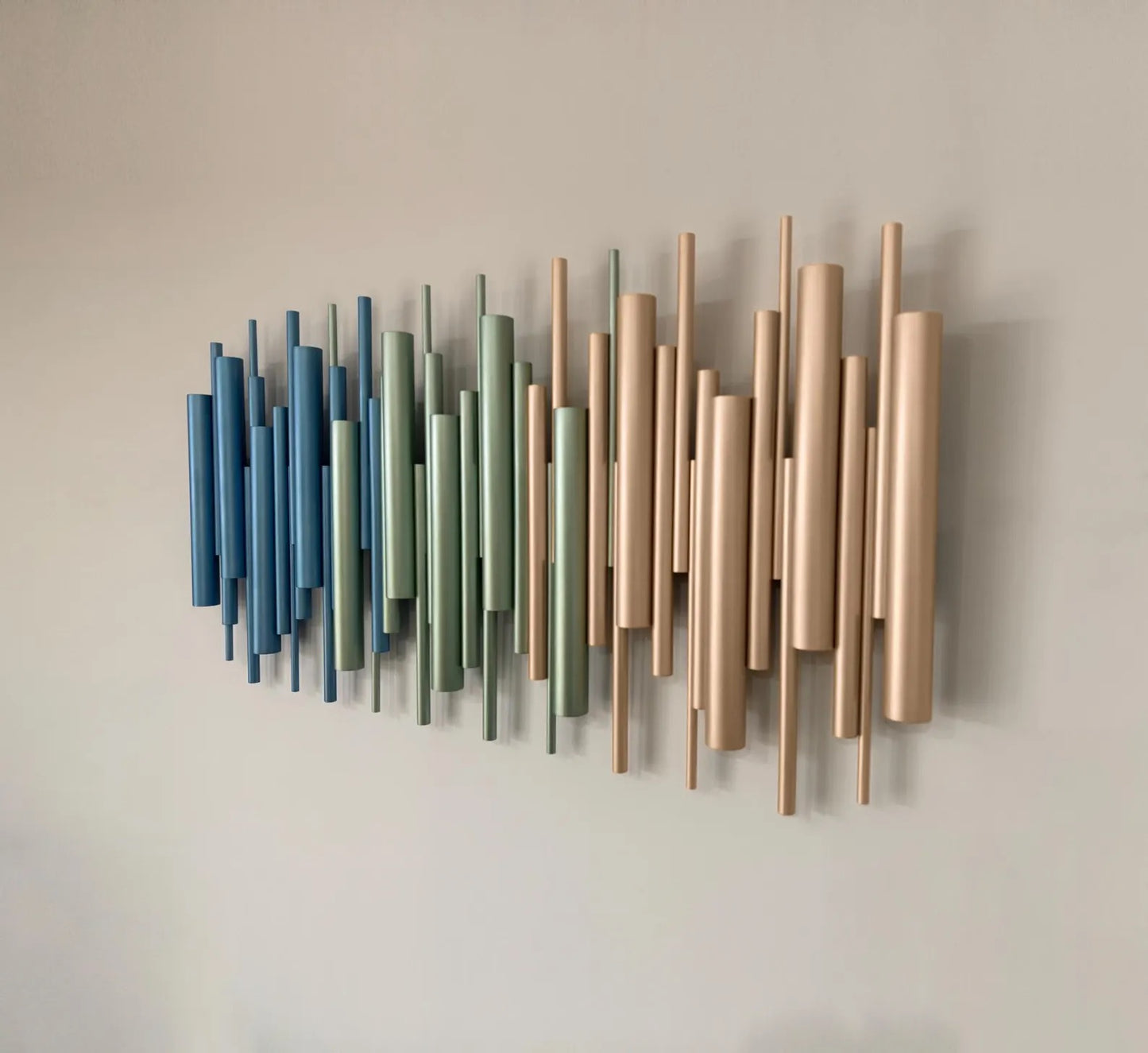Azure metallic blue and sage wood wall art sculpture on white wall – Berties Blocks