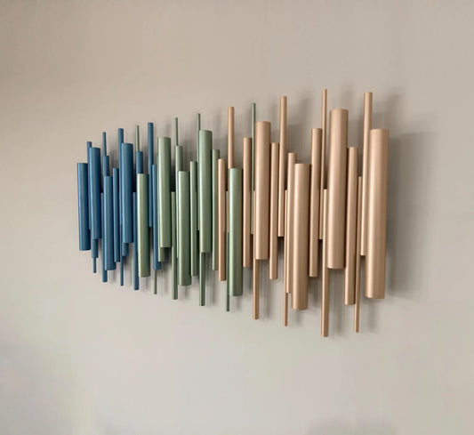 Azure metallic blue and sage wood wall art sculpture on white wall – Berties Blocks