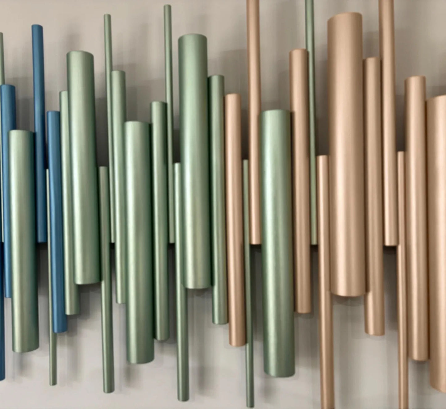 Azure wall art close up showing deep blue and sage green painted wooden dowels – Berties Blocks