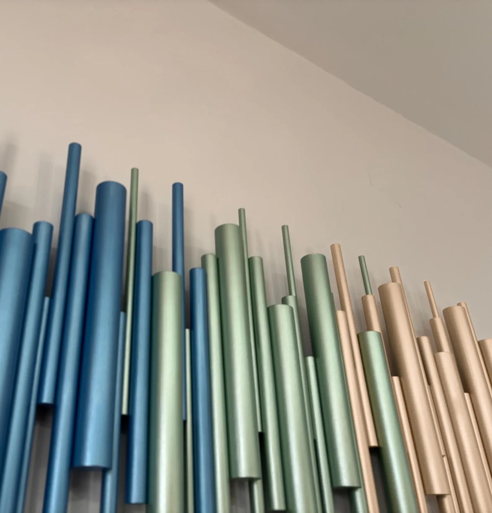 Azure wall art close up detail showing layered metallic blue, sage and gold dowels – Berties Blocks