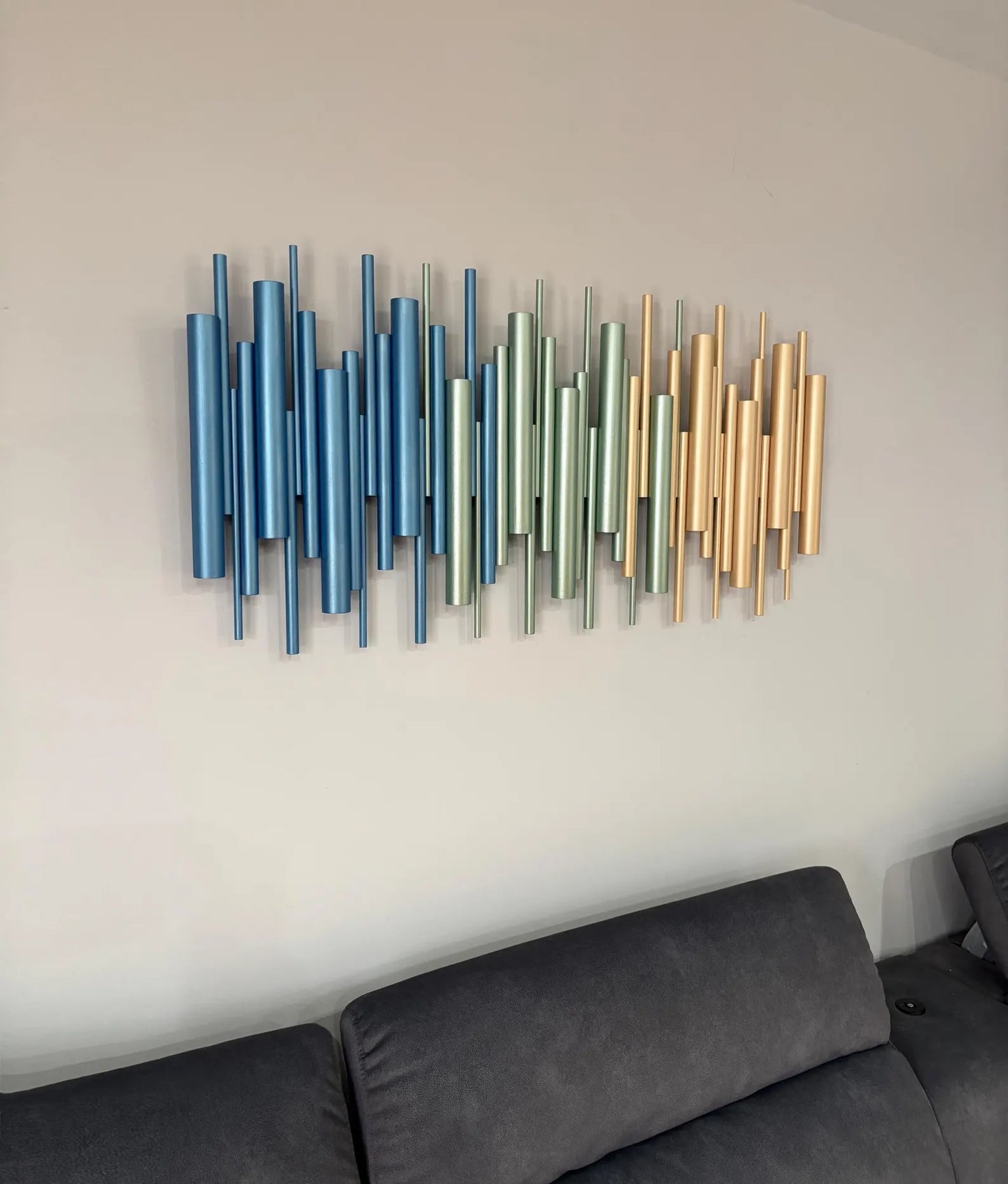 Azure metallic blue and sage wood wall art in contemporary interior with grey sofa – Berties Blocks