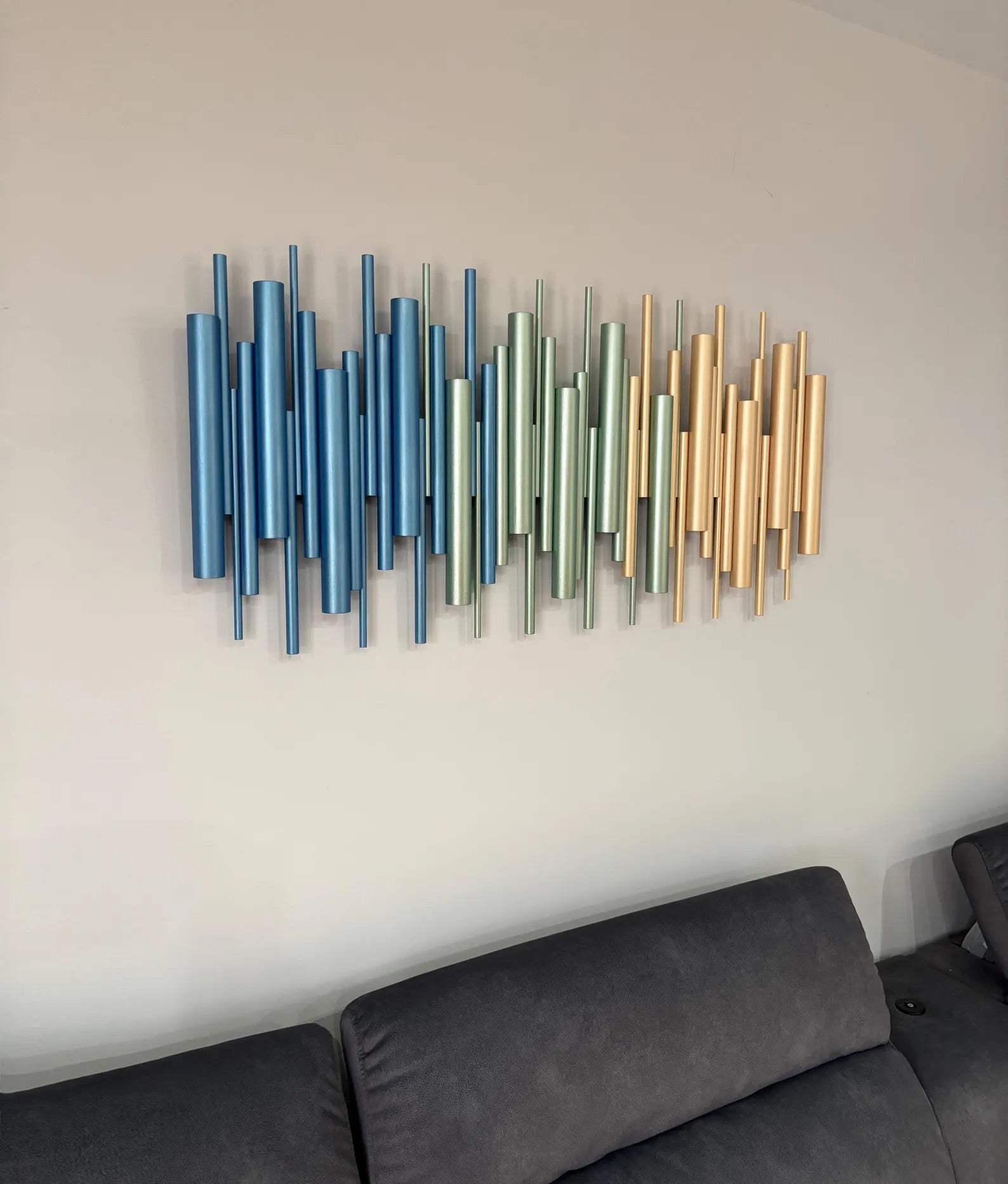 Azure metallic blue and sage wood wall art in contemporary interior with grey sofa – Berties Blocks