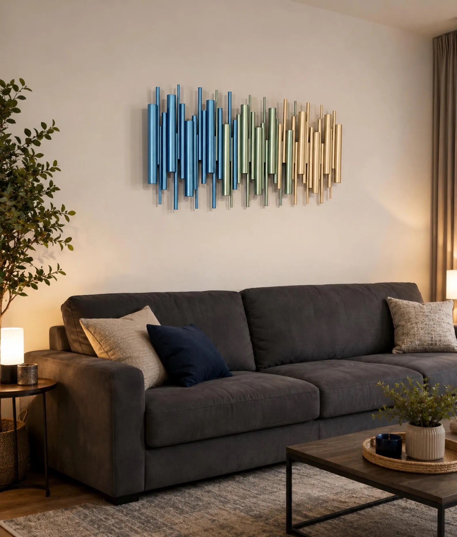 Azure metallic blue and sage wood wall art sculpture in living room with grey sofa – Berties Blocks