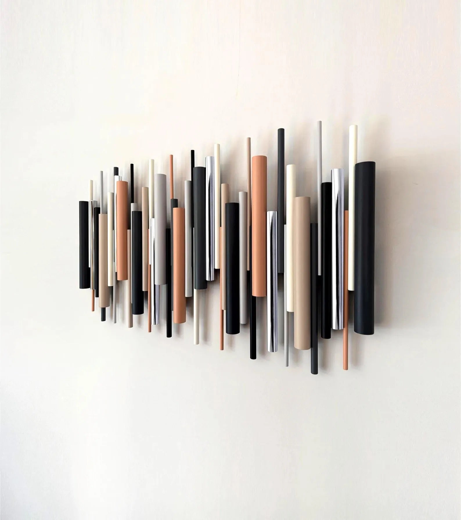 Cinder grey black and beige wood wall art sculpture on white wall – Berties Blocks