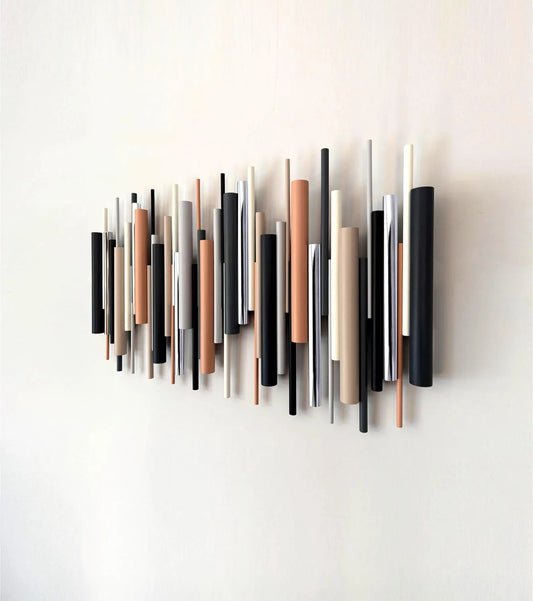 Cinder grey black and beige wood wall art sculpture on white wall – Berties Blocks