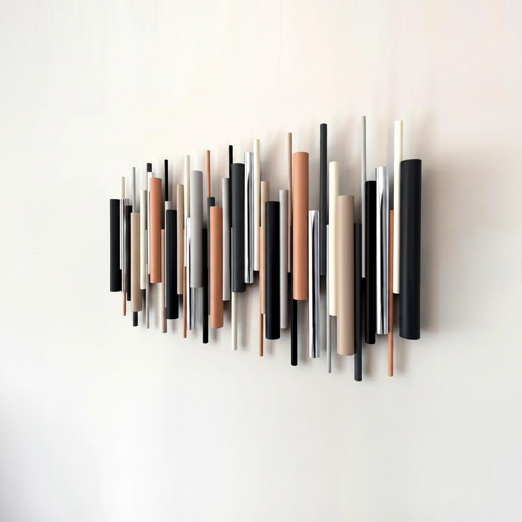 Close up of Cinder wood wall art showing grey and black painted wooden dowels – Berties Blocks