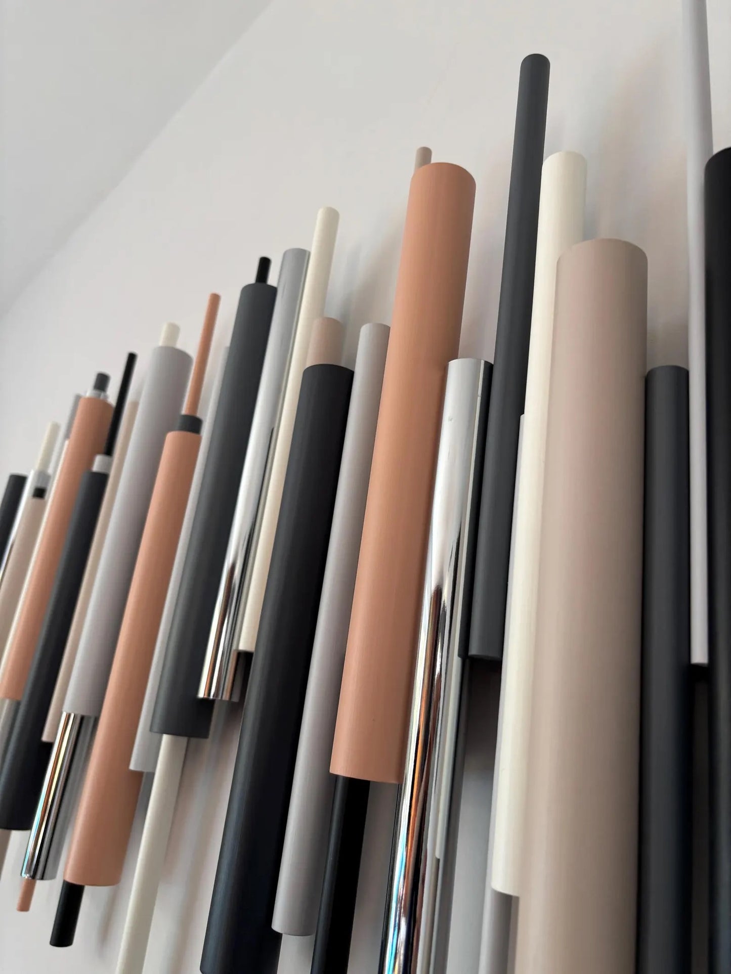 Cinder wall art close up detail showing mixed grey, black and beige dowels – Berties Blocks