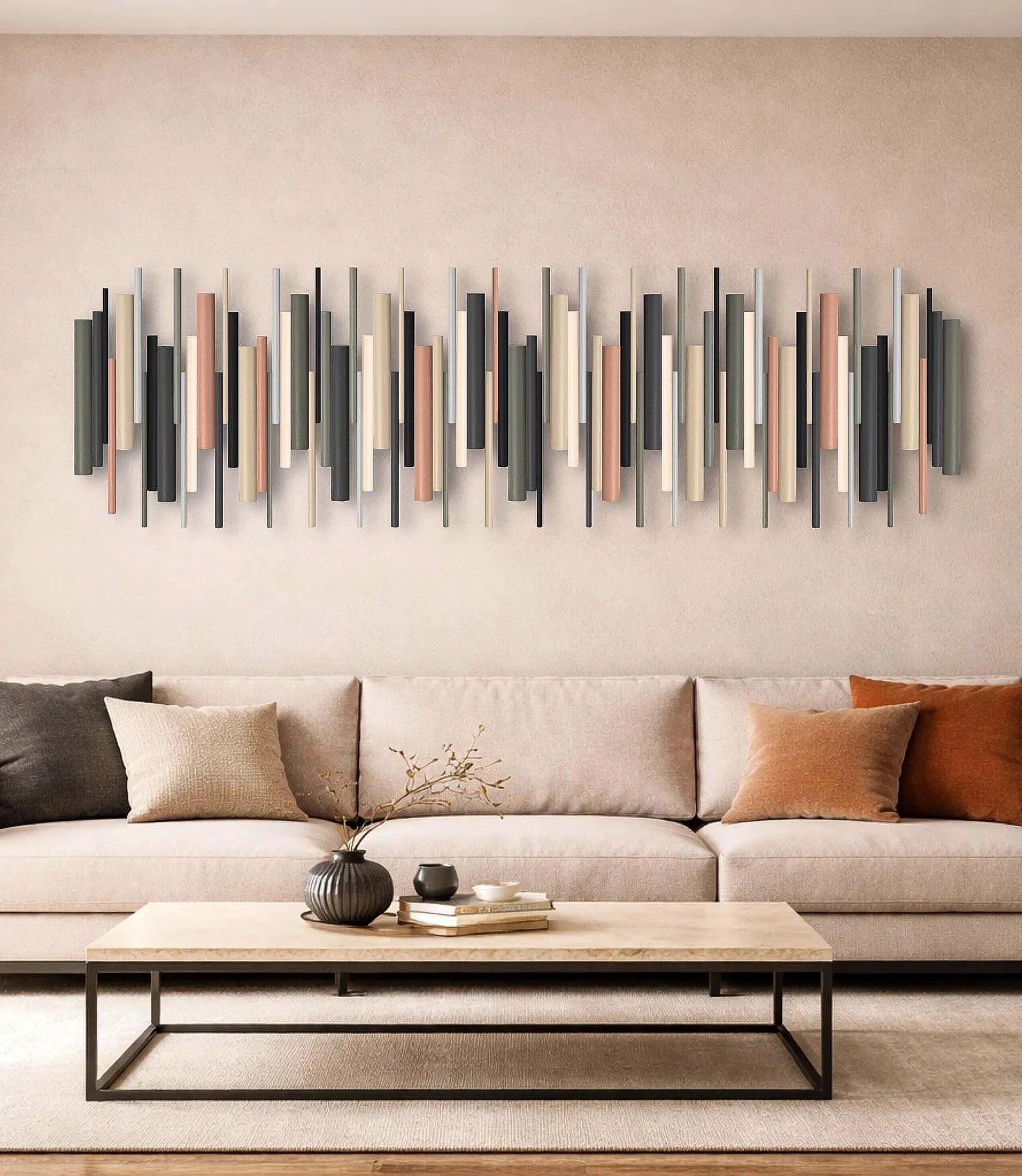 Cinder grey and black wood wall art sculpture above sofa in living room – Berties Blocks