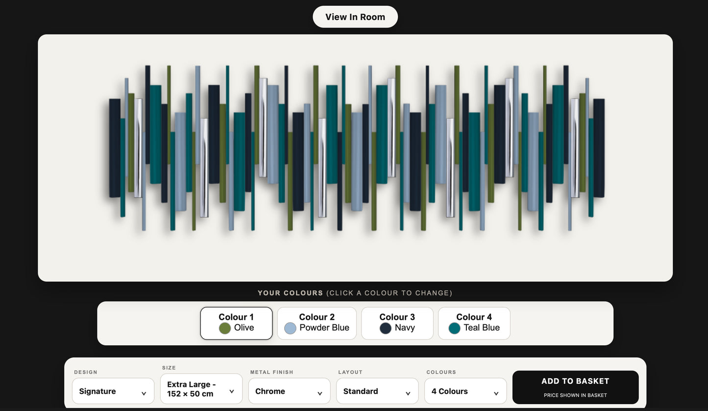 A digital product mockup of a modern abstract wall art piece featuring vertical dowels in olive, powder blue, navy, and teal blue. The image shows the artwork mounted on a white rectangular panel, set against a dark background, with interactive color selection options and product specifications displayed below.