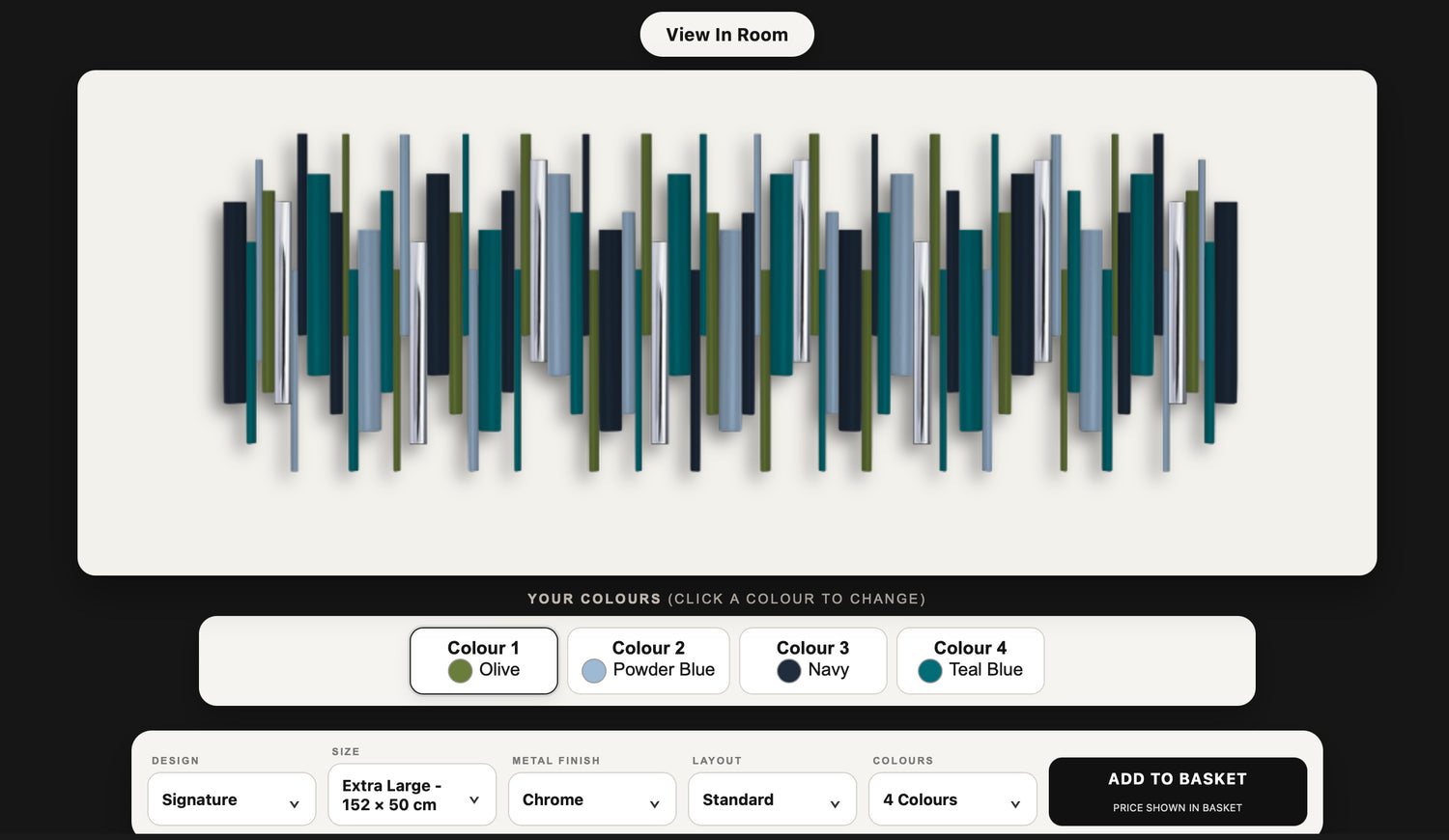 A digital product mockup of a modern abstract wall art piece featuring vertical dowels in olive, powder blue, navy, and teal blue. The image shows the artwork mounted on a white rectangular panel, set against a dark background, with interactive color selection options and product specifications displayed below.