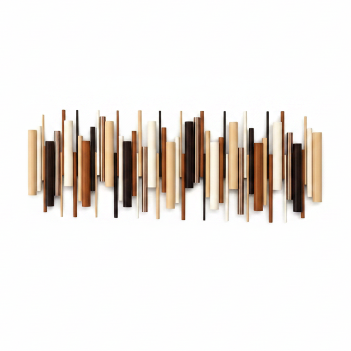 A modern wall-mounted art piece featuring a series of vertical wooden rods in varying heights and tones of beige, brown, with antique copper tubes, and dark brown, arranged in a minimalist linear pattern against a solid white background.