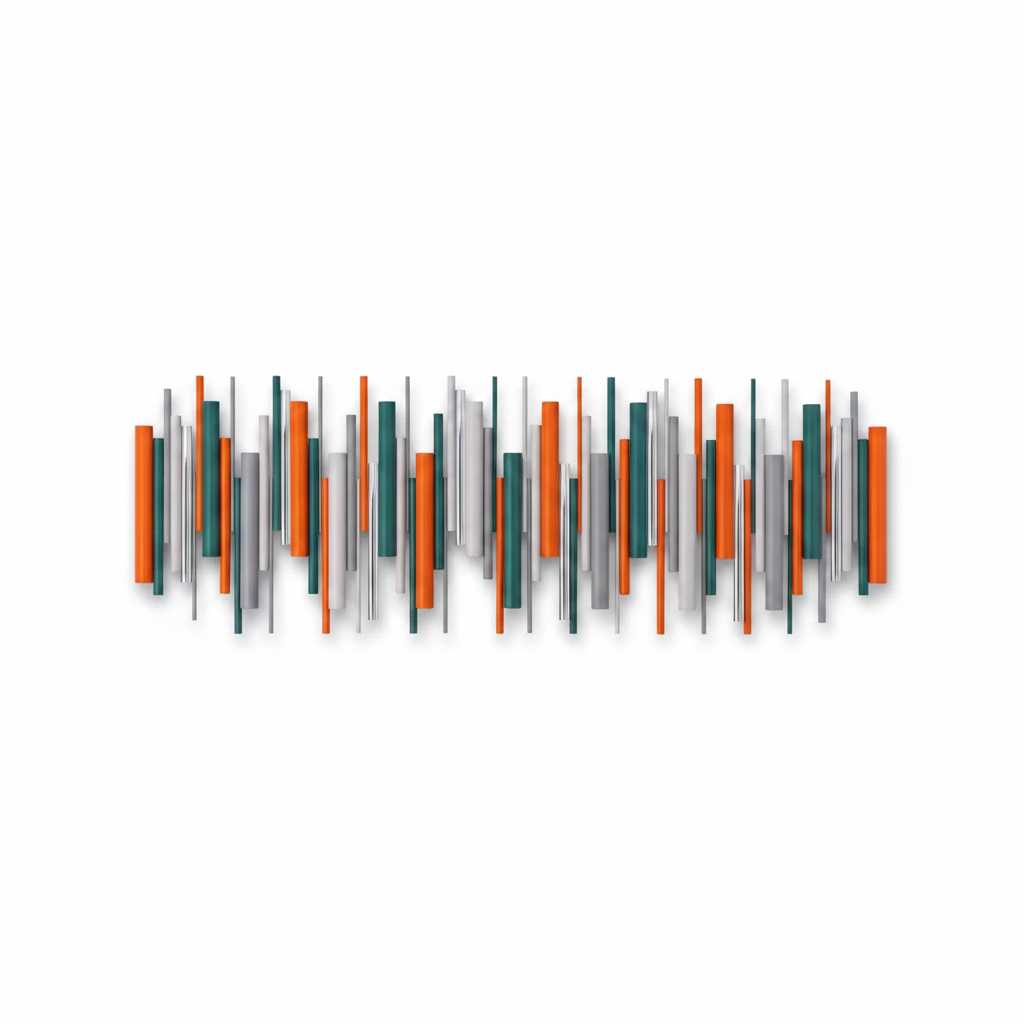 A modern wall-mounted art piece featuring a series of vertical wooden rods in orange, teal, gray, and polished copper