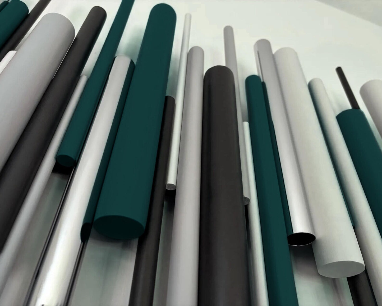 Close up of Meridian wall art showing metal accent tubes and painted dowels – Berties Blocks