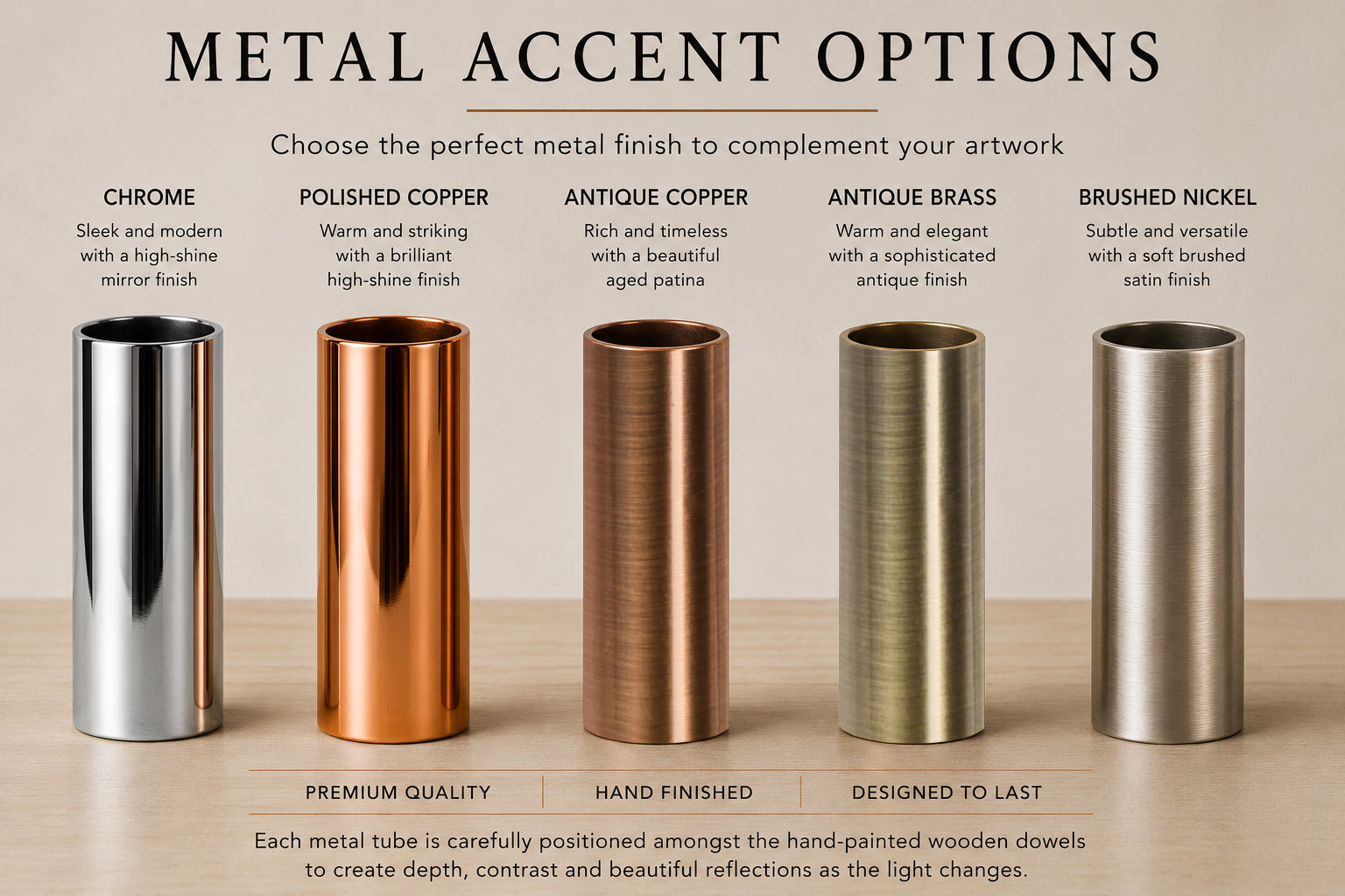 wall art metal accent options – polished copper, antique brass, brushed nickel, chrome – Berties Blocks