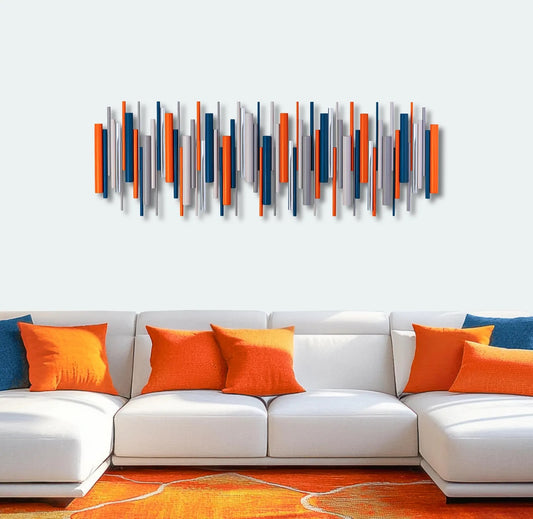 Solstice orange and blue wood wall art sculpture with chrome accents in living room – Berties Blocks