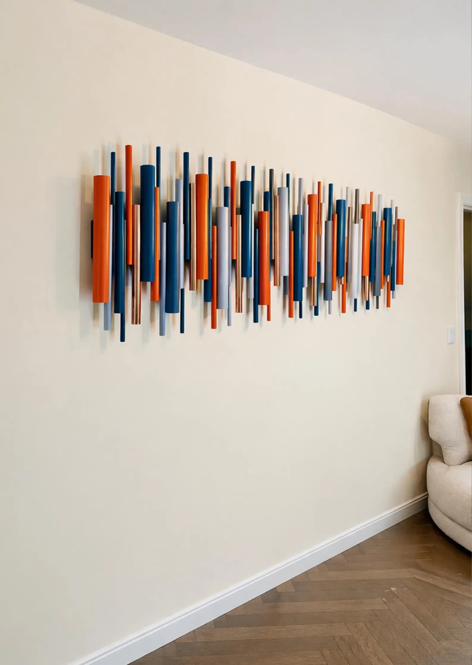 Solstice handmade orange and blue wood wall art with polished copper accents – Berties Blocks