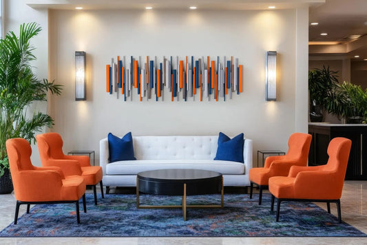 Solstice orange and blue geometric wood wall sculpture with antique copper accents – Berties Blocks