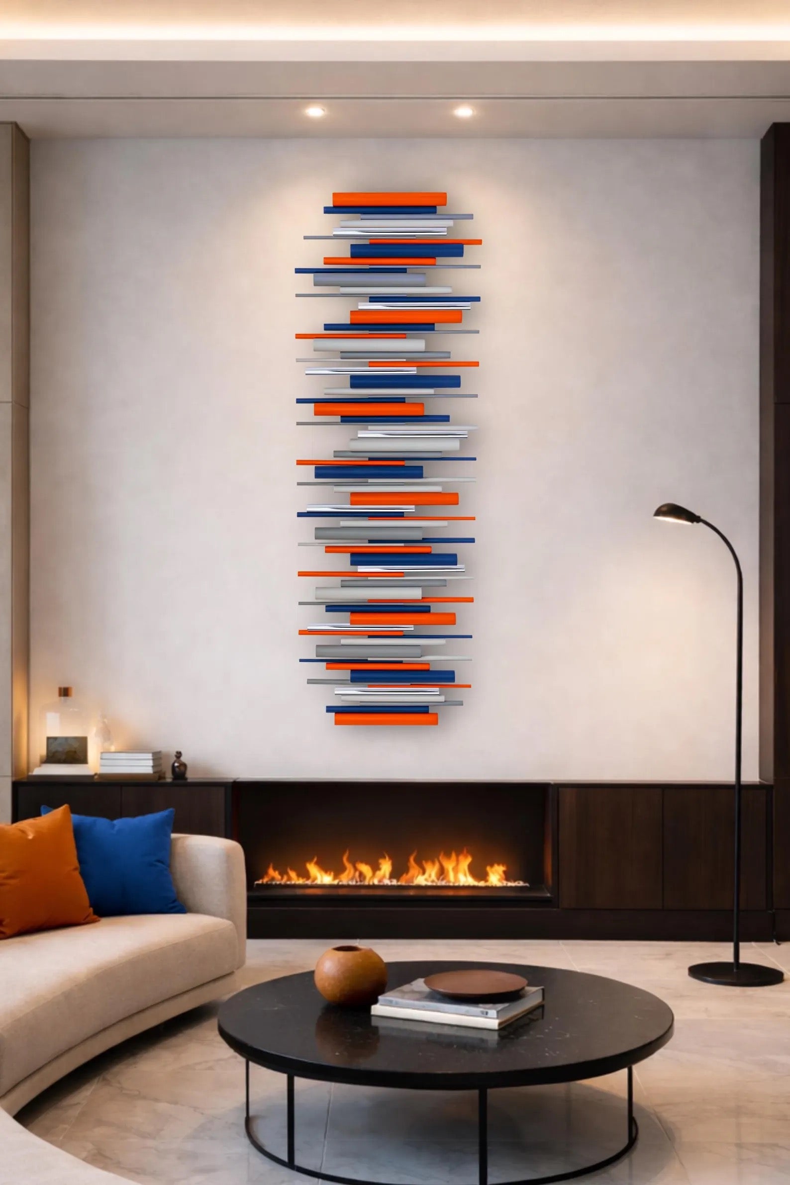 Solstice orange and blue wood wall art with chrome accents in contemporary interior – Berties Blocks