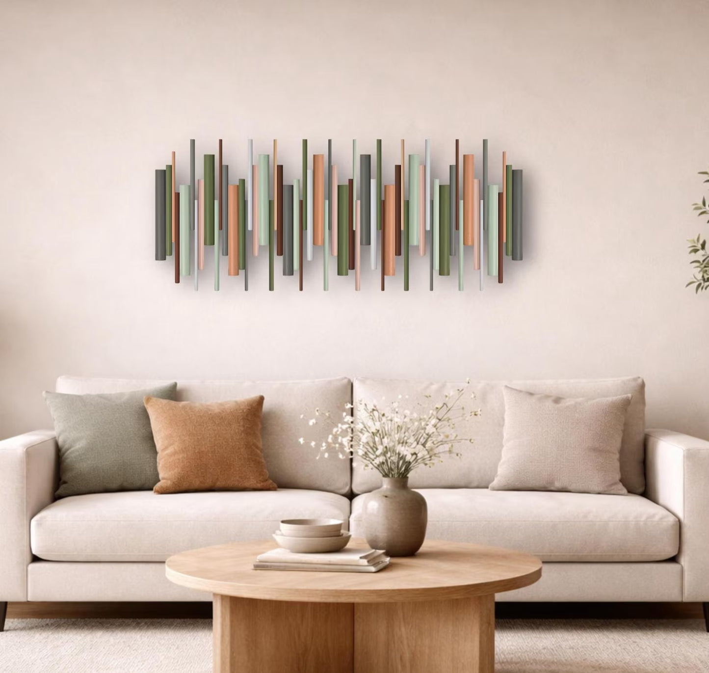 Terrain geometric wood wall sculpture above sofa in living room – Berties Blocks