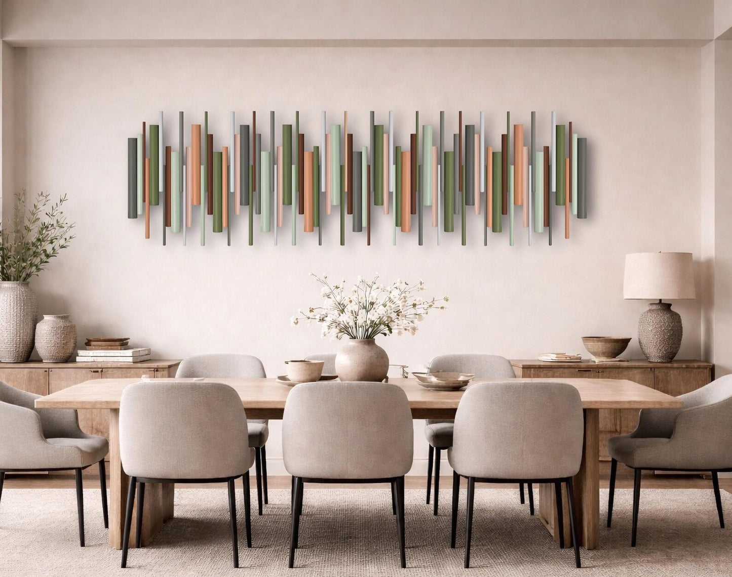 Terrain earth tone wood wall art sculpture in dining room setting – Berties Blocks